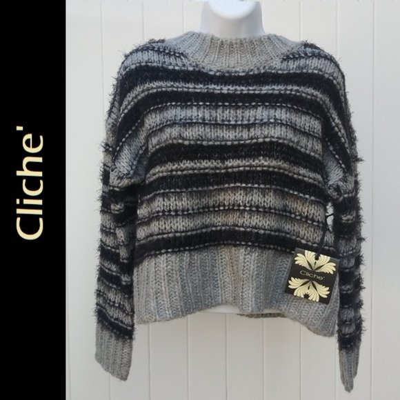 Cliche Sweaters - Cliche Striped FuzzyThick Knit Sweater Rubbed Trim